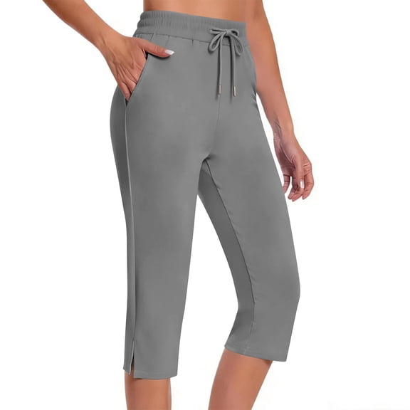 Oplxuo Capris for Women Elastic Waist Casual Summer Dress Pants Slit Side Stretch Lounge Yoga Sweatpants with Pockets
