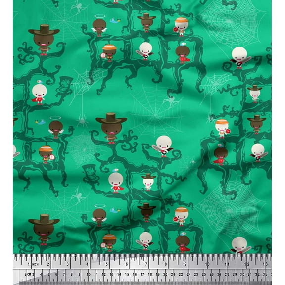 Soimoi Green Cotton Voile Fabric Hat & Devil Cartoon Print Fabric by the Yard 42 Inch Wide