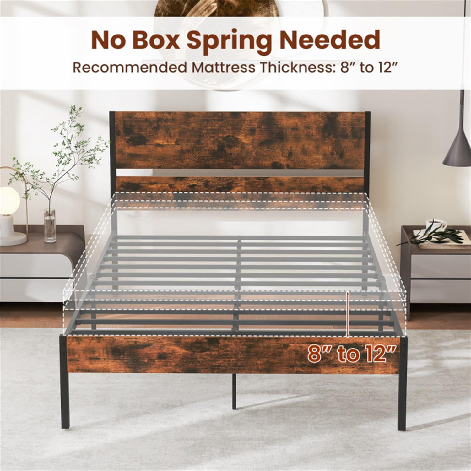 Demi Bonn Full Size Bed Frame with Wooden Headboard and Footboard, Modern Metal Platform Bed Frame with Under Bed Storage, No Box Spring Needed, Brown