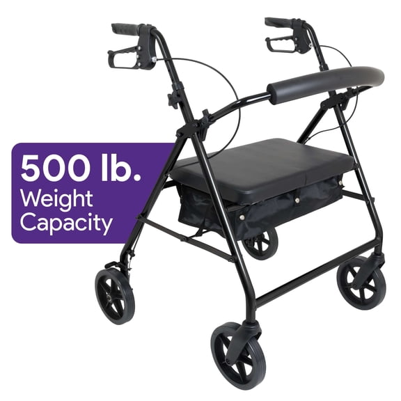 ProHeal Bariatric Rollator Walker with Seat - 500 lb Weight Capacity - Foldable Steel Frame with Adjustable Height