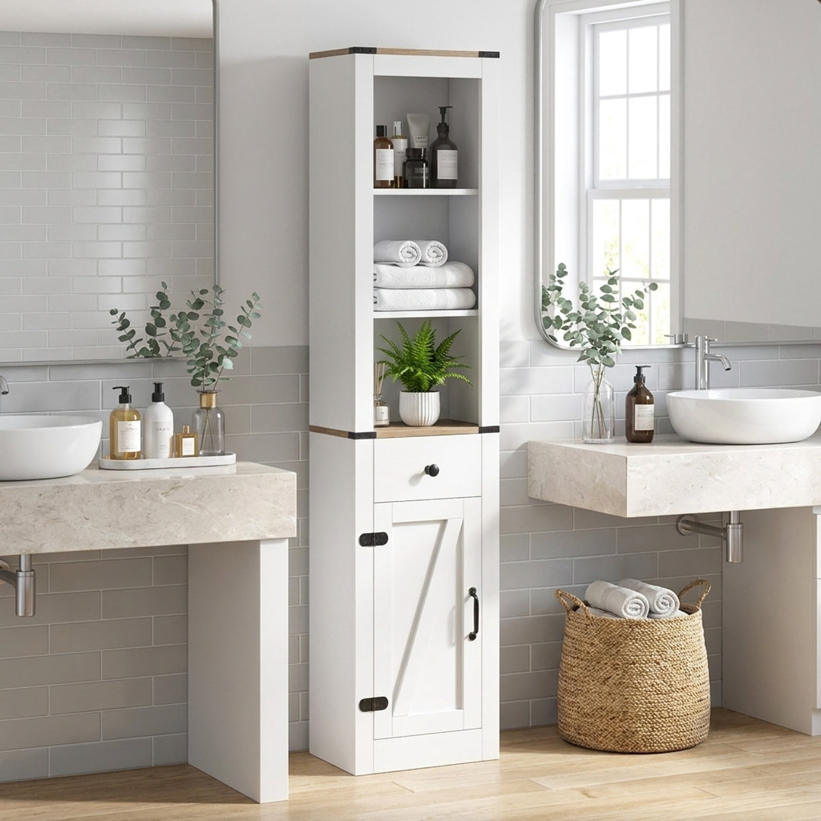 Vebreda Freestanding Bathroom Storage Cabinet, 68 inch Tall Bathroom Cabinet with Barn Door Narrow Slim Storage Organizer Unit with Drawer