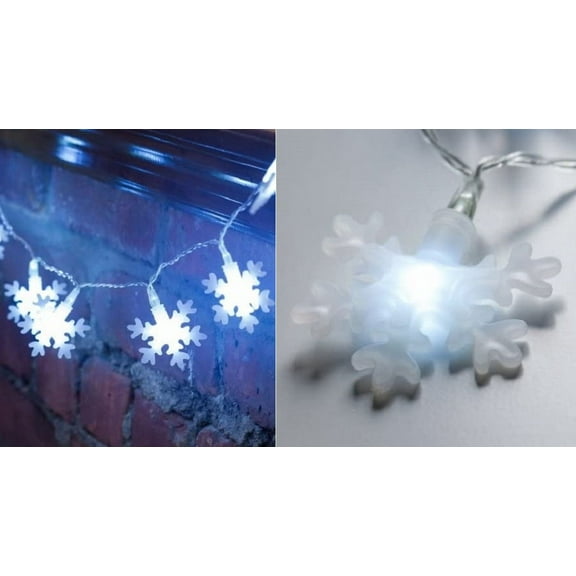 10 ct White Winter Snowflake String Lights Battery Operated LED Lights with Silver Wire