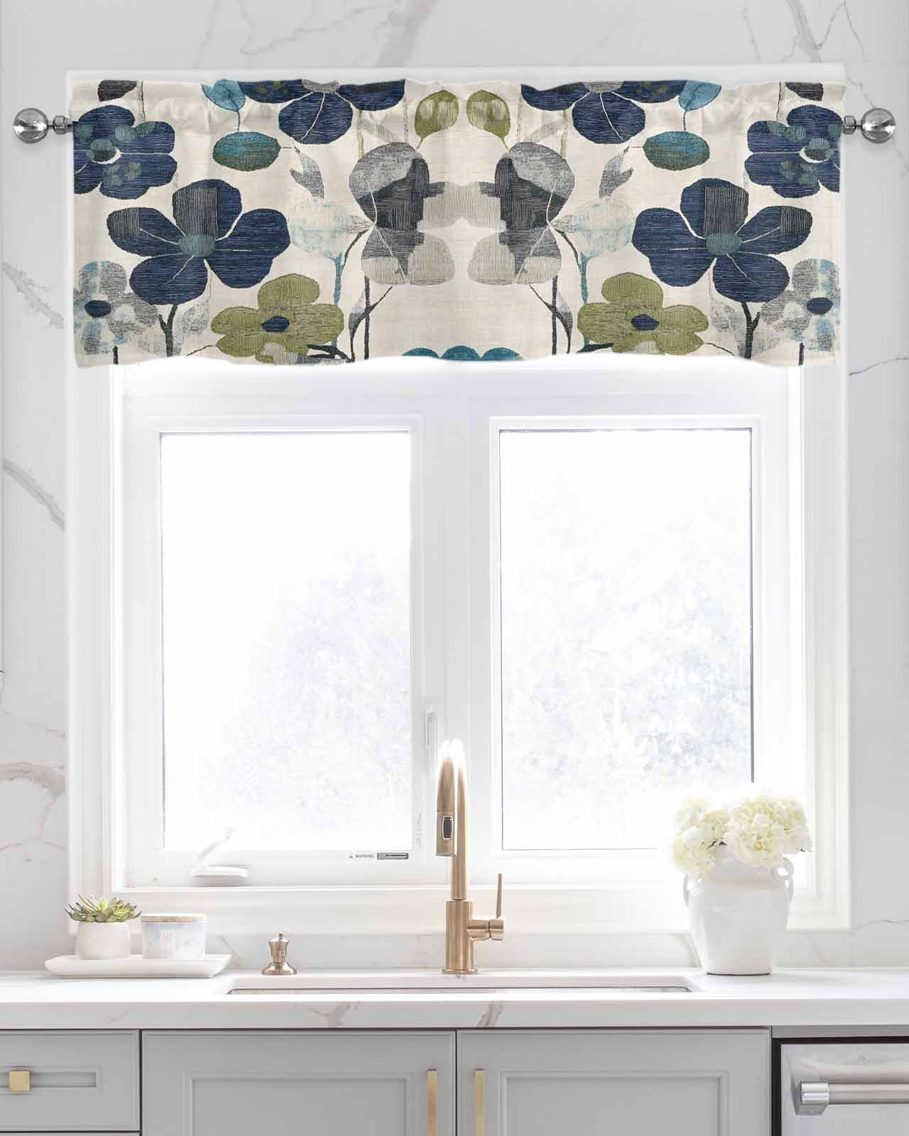 Navy Blue Green Floral Kitchen Valances for Windows Farmhouse Linen Window Valance Curtain for Living Room Window Treatment Vintage Botanical Leaves Valance Rod Pocket Topper Drape, 54 x 18 Inch