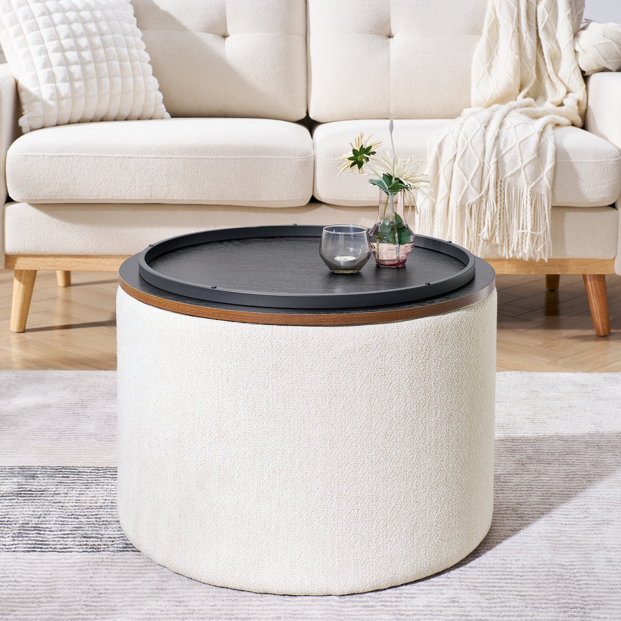 Lunale Round Storage Ottoman Set of 2, Chenille Upholstered Coffe Side Tables for Living Room, Beige