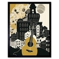 thumbnail image 1 of Edinburgh Cityscape Fringe Festival Guitar Linocut Art Print Framed Poster Wall Decor 12x16 inch, 1 of 5