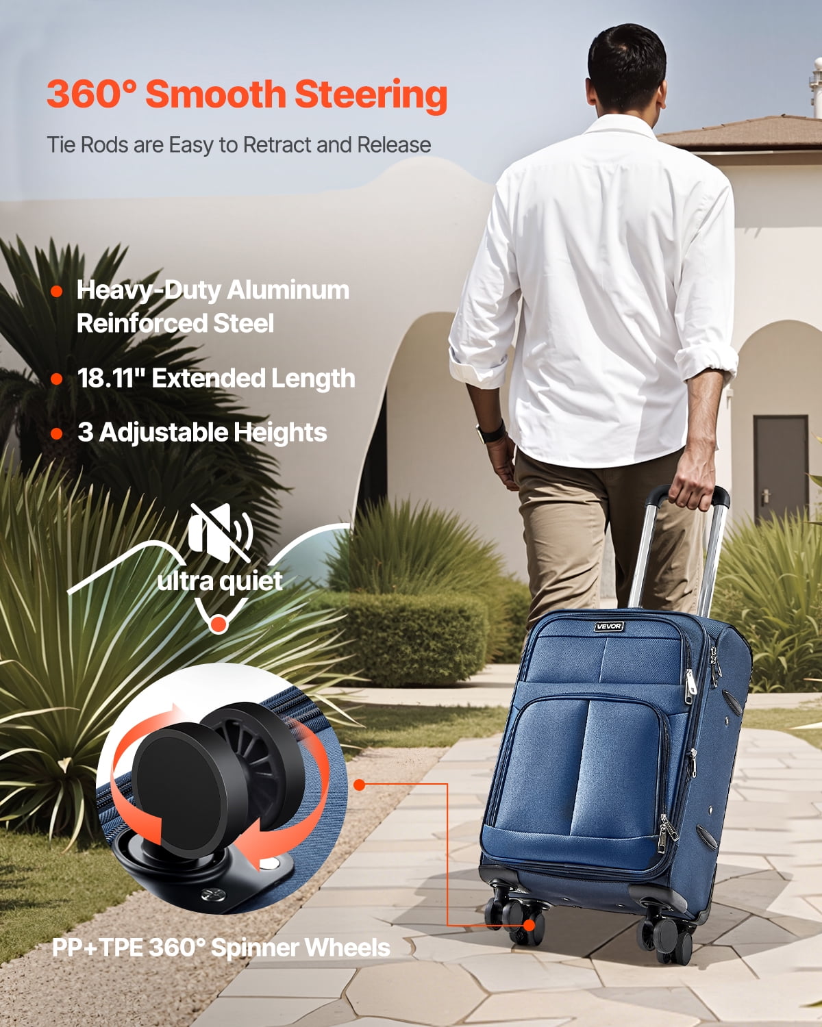 VEVOR Softside Expandable Luggage with Spinner Wheels, 20-Inch Softside Carry on Luggage, Lightweight Checked Suitcase with Expandable Zippered Pocket and TSA Lock, Blue