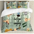 thumbnail image 1 of Happy Camper Duvet Cover Set Queen Size, Let's Go Camping Typography with Hands Holding Items and a Forest on the Back, Decorative 3 Piece Bedding Set with 2 Pillow Shams, Multicolor, by Ambesonne, 1 of 3