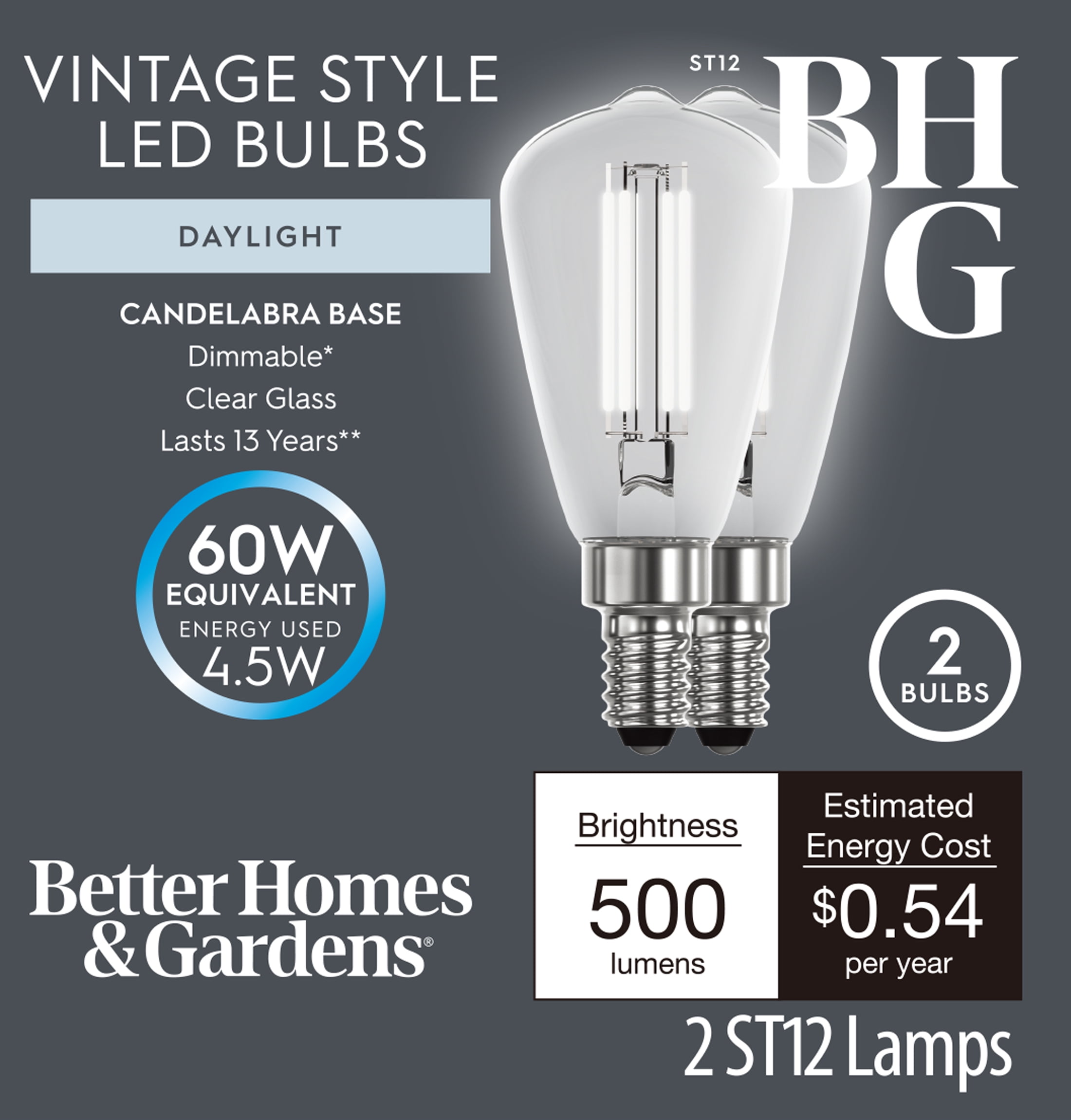 (2 pack) Better Homes & Gardens ST12 LED Light Bulb, 4.5-Watt (60W Equiv.) Daylight Dimmable E12 Base, 2PK