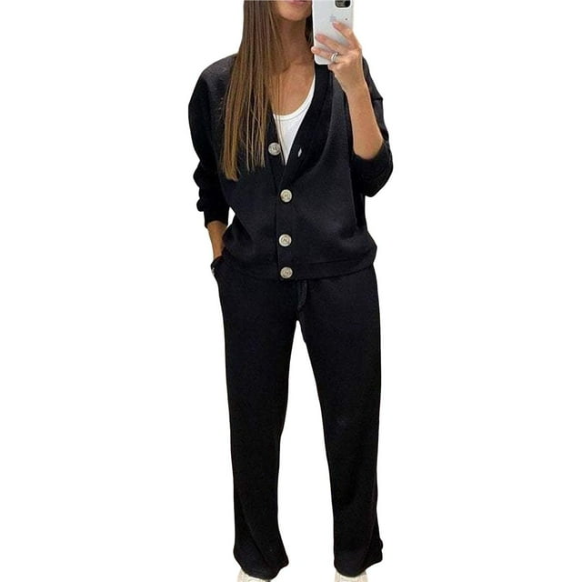 Conjunto Deportivo Dos Piezas para Mujer: Top Larga con Cuello en V y Botones,y Pantalones Deportivos.Conjunto Moderno para Estar en Casa,Ideal para Otoño e Invierno.Negro L