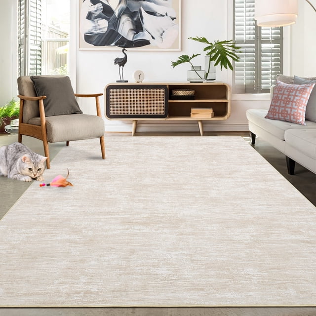 GlowSol 6'x9' Area Rugs for Living Room Bedroom Modern Abstract Solid Area Rug Non-Slip Low Pile Washable Rug Soft Foldable Accent Rug, Beige