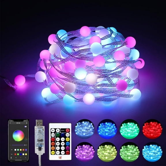 33FT RGB Globe String Lights, Remote Outdoor Lights, 100 Balls DIY Color Changing Fairy Lights USB Powered with Remote & APP Control, Music Sync, Christmas Twinkle Light for Bedroom Party Xmas Tree