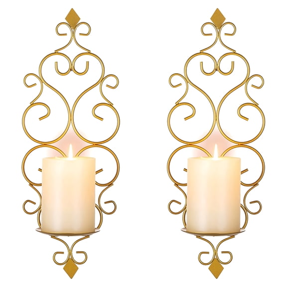 LAMIRO Candle Sconces Wall Decor Set of 2 Decorative Gold Wall Mounted Candle Holder for Pillar Candles Hanging Metal Wall Decorations for Living Room Bedroom(Golden)