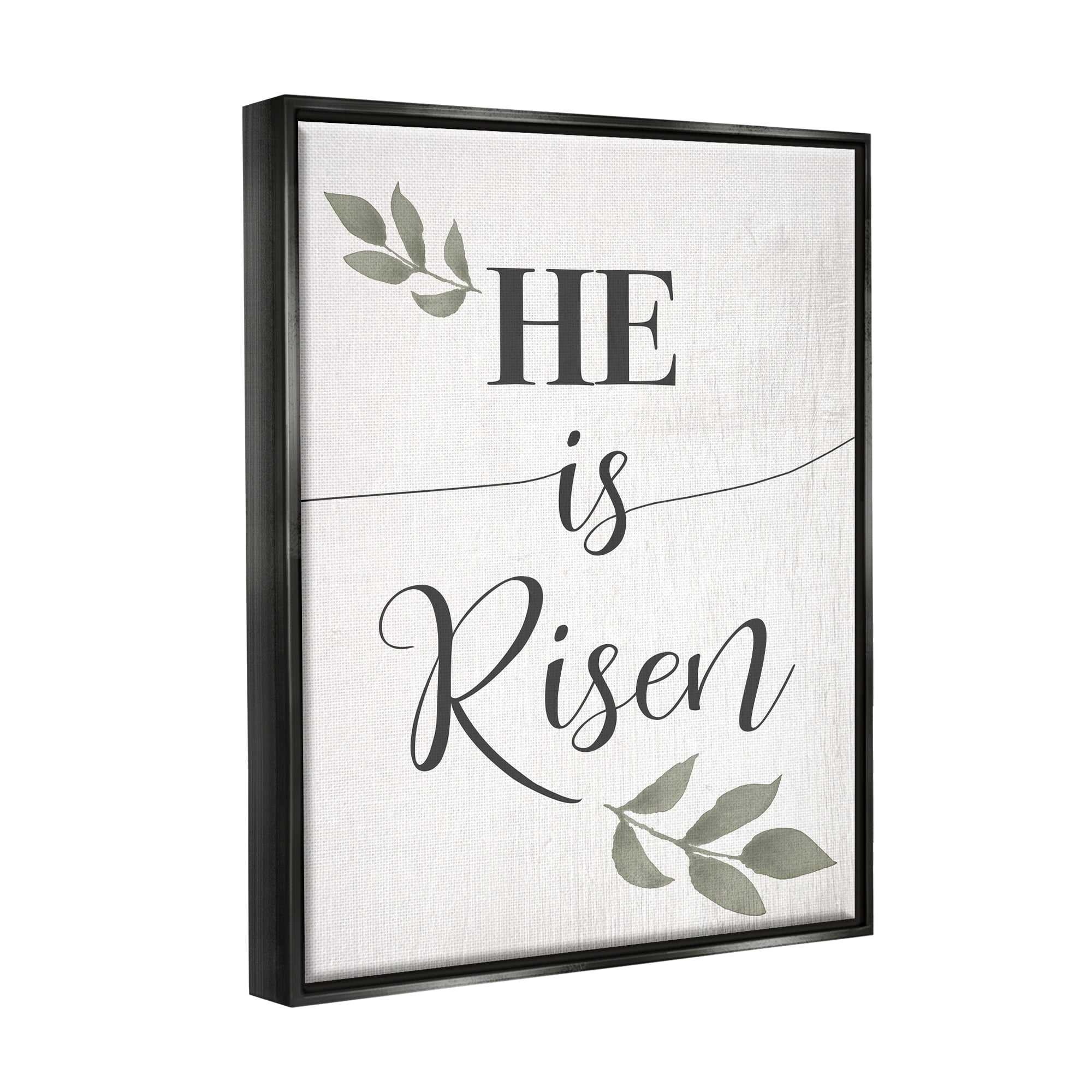 Stupell Industries He Is Risen Faith Phrase Green Country Leaves Jet Black Framed Floating Canvas Wall Art, 16x20, by Daphne Polselli