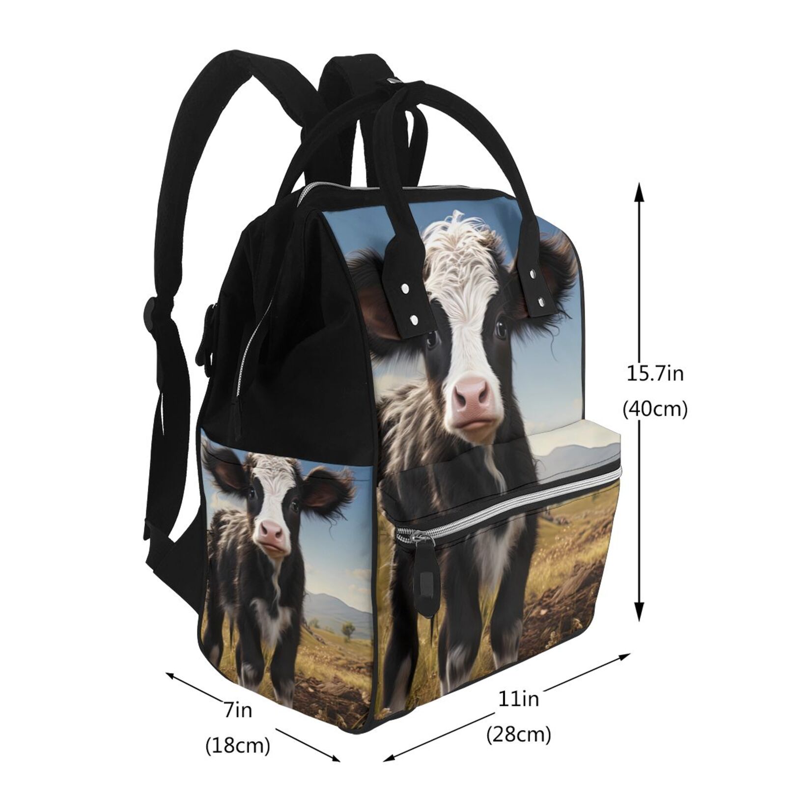 Ratiio Cute Prairie Cow Mummy Backpack - Waterproof Twill Canvas, Large Capacity Diaper Bag with Multiple Pockets and Adjustable Straps