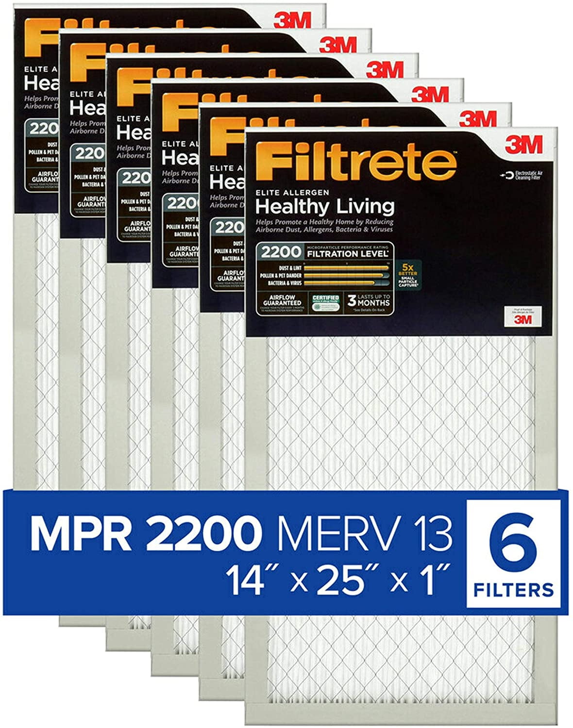 Filtrete 14x25x1, AC Furnace Air Filter, MPR 2200, Healthy Living Elite Allergen, 6Pack (exact