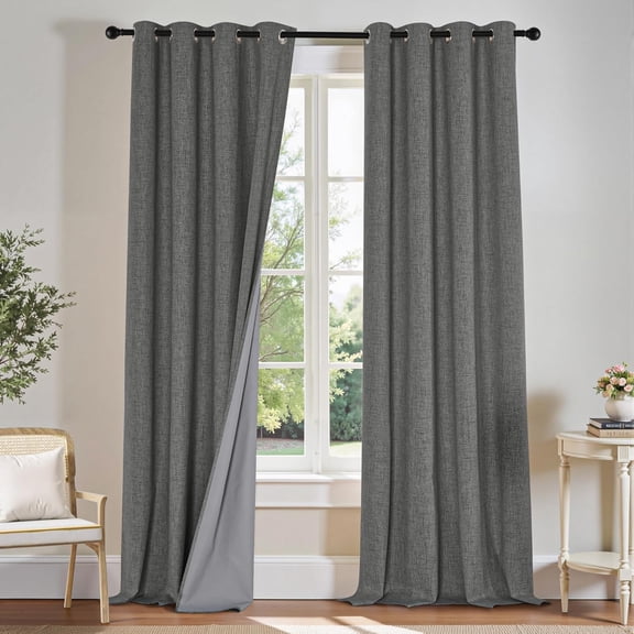 100% Total Blackout Linen Curtains 90 inches Long 2 Panels Set, Faux Linen Thermal Insulated Grommet Drapes for Bedroom Living Room, Room Darkening Window Curtain 52 Inch Wide, Grey