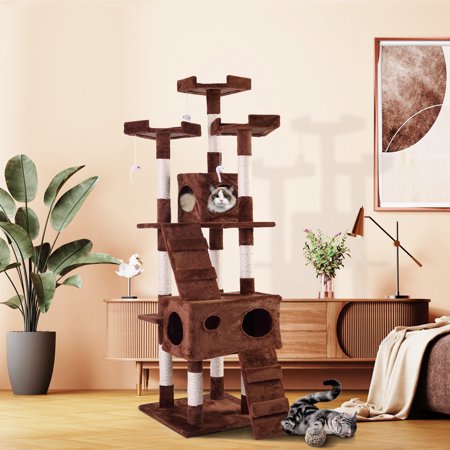 66" Multi-level Cat Tree, Scratching Posts, Kitten Activity Tower with 3 Perches XH - brown