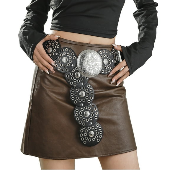 SIEYIO Exaggerated Teens Carved Round Buckle Belt Eye Catching Coat Jeans Waist Straps