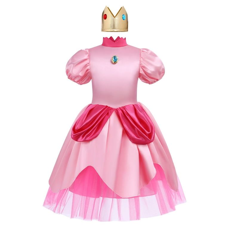 OBEEII Girls Princess Peach Costume Super Mario Cosplay Short Puff Sleeve  Pink Long Dress with Crown Headband Halloween Carnival Christmas Birthday  Pageant Party Fancy Dresses for Child 
