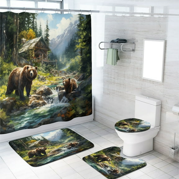 Forest Bear 4 Pcs Shower Curtain Set Misty Mountains Farm Jungle River Natural Landscape with 12 Hooks, Bath Mat Set Bathroom Decor by Durable Waterproof Fabric, 72x72 Inch