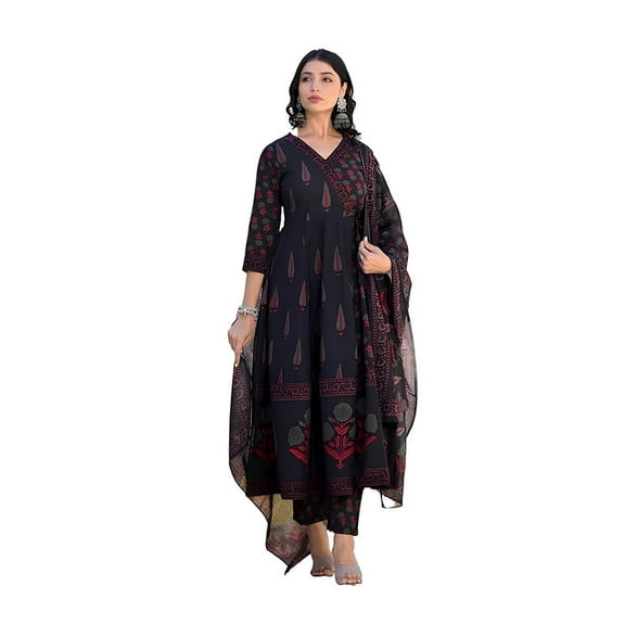 KLOSIA Women's Viscose Printed Anarkali Kurta And Pant Set With Dupatta | Traditional | Ethnic Set | Suit - Indian Ethnic Traditional Wear Kurta Set