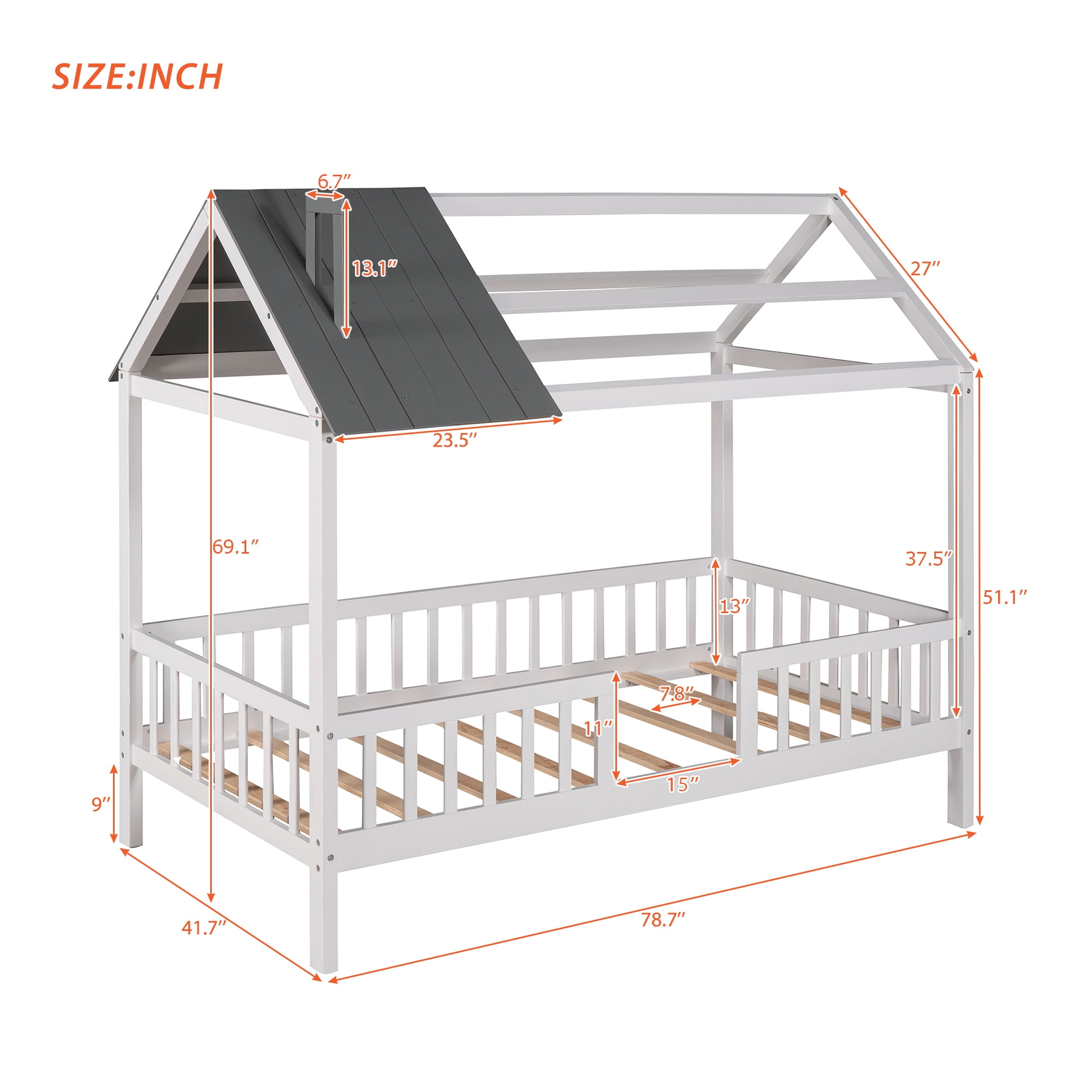 Euroco Twin Size House Platform Bed with Roof and Guardrails Design, White&Gray