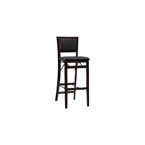 Folding Bar Stool - Espresso Finish, Padded Vinyl Seat & Backrest - Space Saving Design