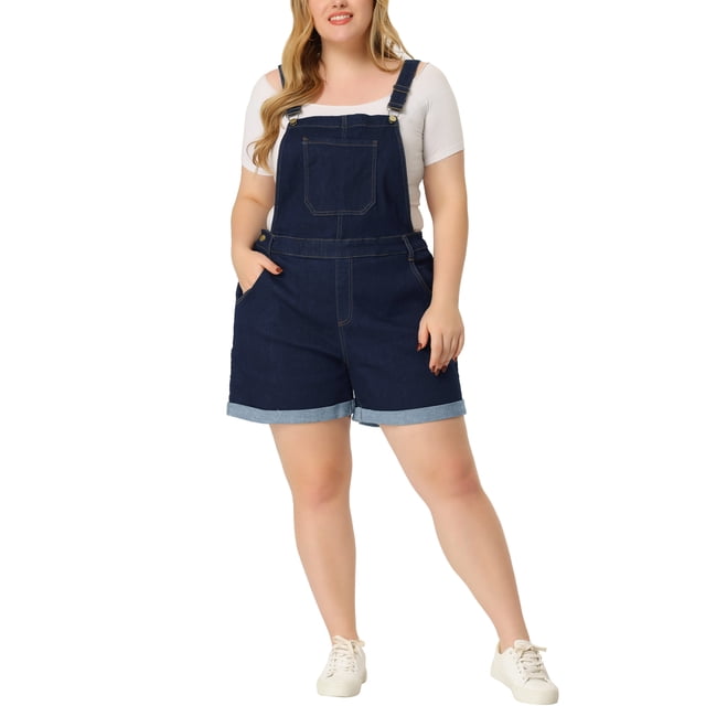 Overoles cortos de mezclilla para mujer de tallas grandes Agnes Orinda con dobladillo enrollado y bolsillo 4X azul oscuro