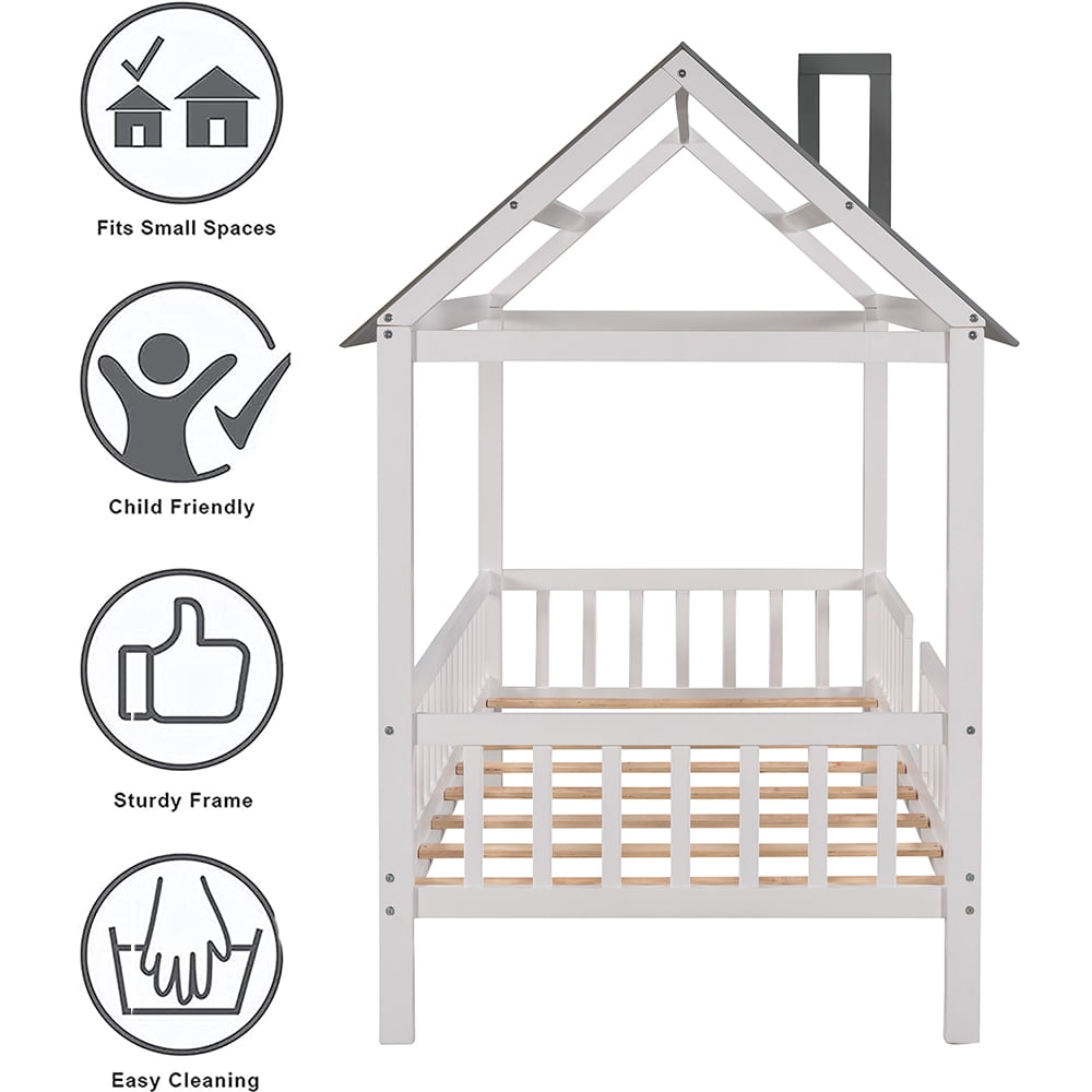 Bellemave Twin House Bed, Twin Size Wood Bed Frame with Roof and Fence, Montessori Beds Frame with Slats, No Box Spring Needed (White+Gray)