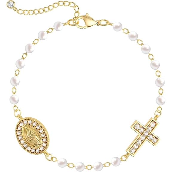 Gold Cross Bracelet for Women, Dainty 14K Gold Plated & Silver Plated Charm Stackable Bracelet, Trendy Pearl Bead Knot Cross Chain Bracelet, Religious Christian Baptism Gifts Jewelry Christmas