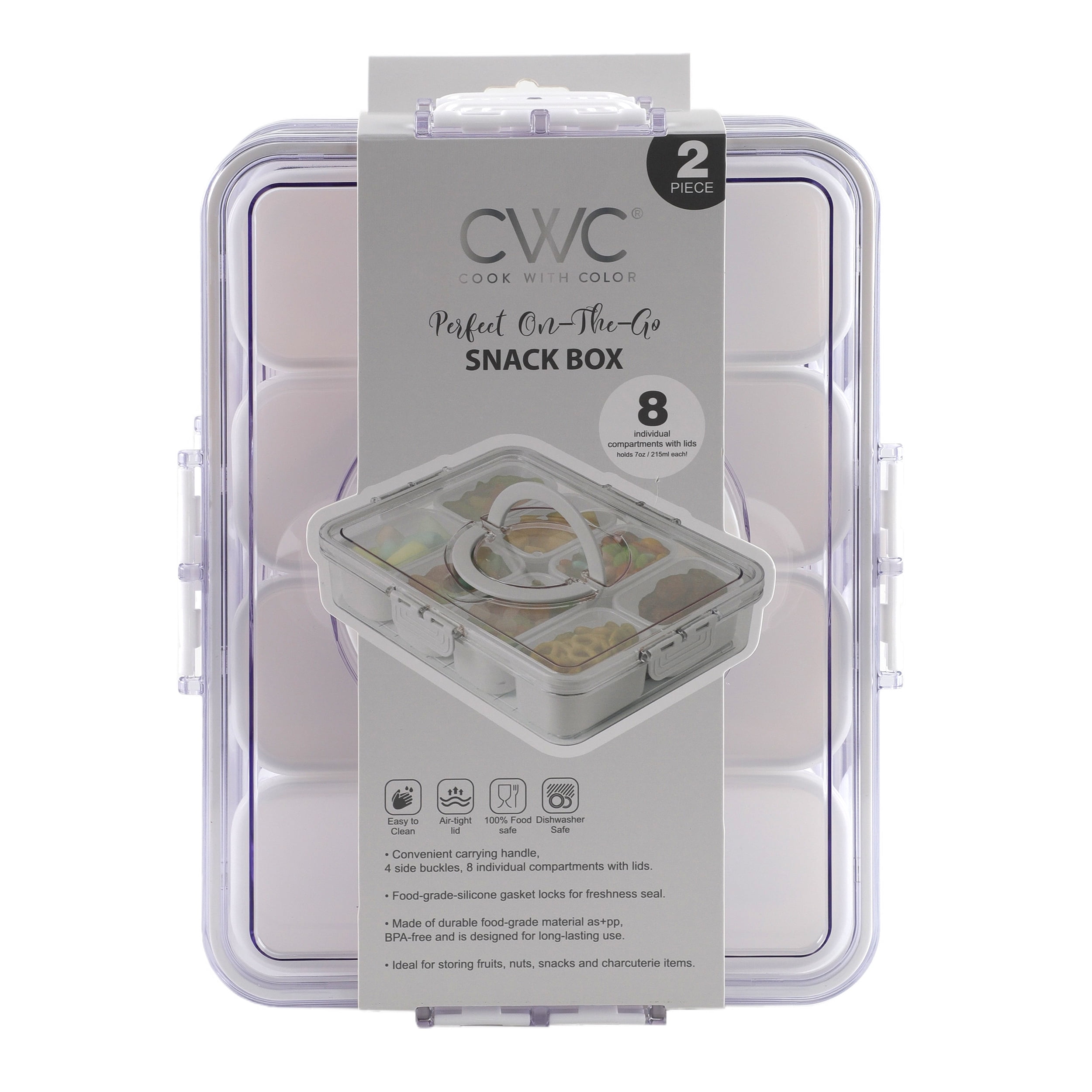Cook with Color 8-Compartment Charcuterie Container, Serving Tray with Lid and Handle, White, 2-Pack