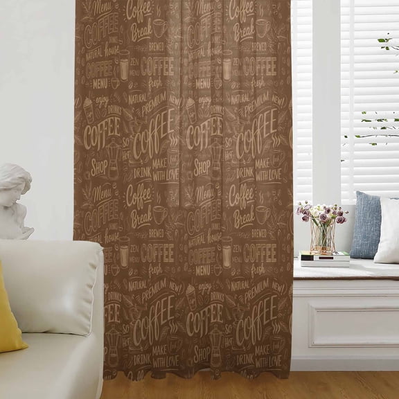 Brown Coffee Sheer Curtains 45 Inches Long for Living Room/Bedroom, Farmhouses Vintage Cup Plants Text Art Rod Pocket Voile Kitchen Curtains & Drapes Window Treatment 1 Panel, 52"W x 45"L