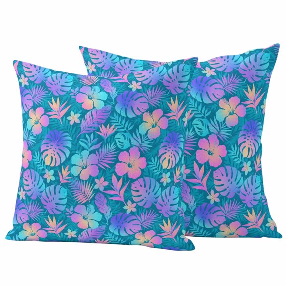 Blue Tropical Plants Outdoor Waterproof Pillow Covers, Rustic Palm Leaves Jungle Flowers Decorative Square Throw Pillowcase Sofa Cushion Sham for Patio/Couch/Chair, 20"x20" 2 Pack