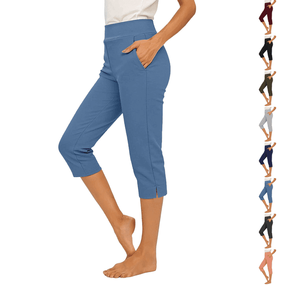 Capris For Women With Pockets Golf Pants 7/8 High Waisted Stretch Pull On Ankle Business Casual Travel Athletic Work Blue S