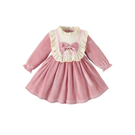 

Luethbiezx Long Sleeve Bowknot Dress for Girls Patchwork Ruffled Neck Dress for Christmas