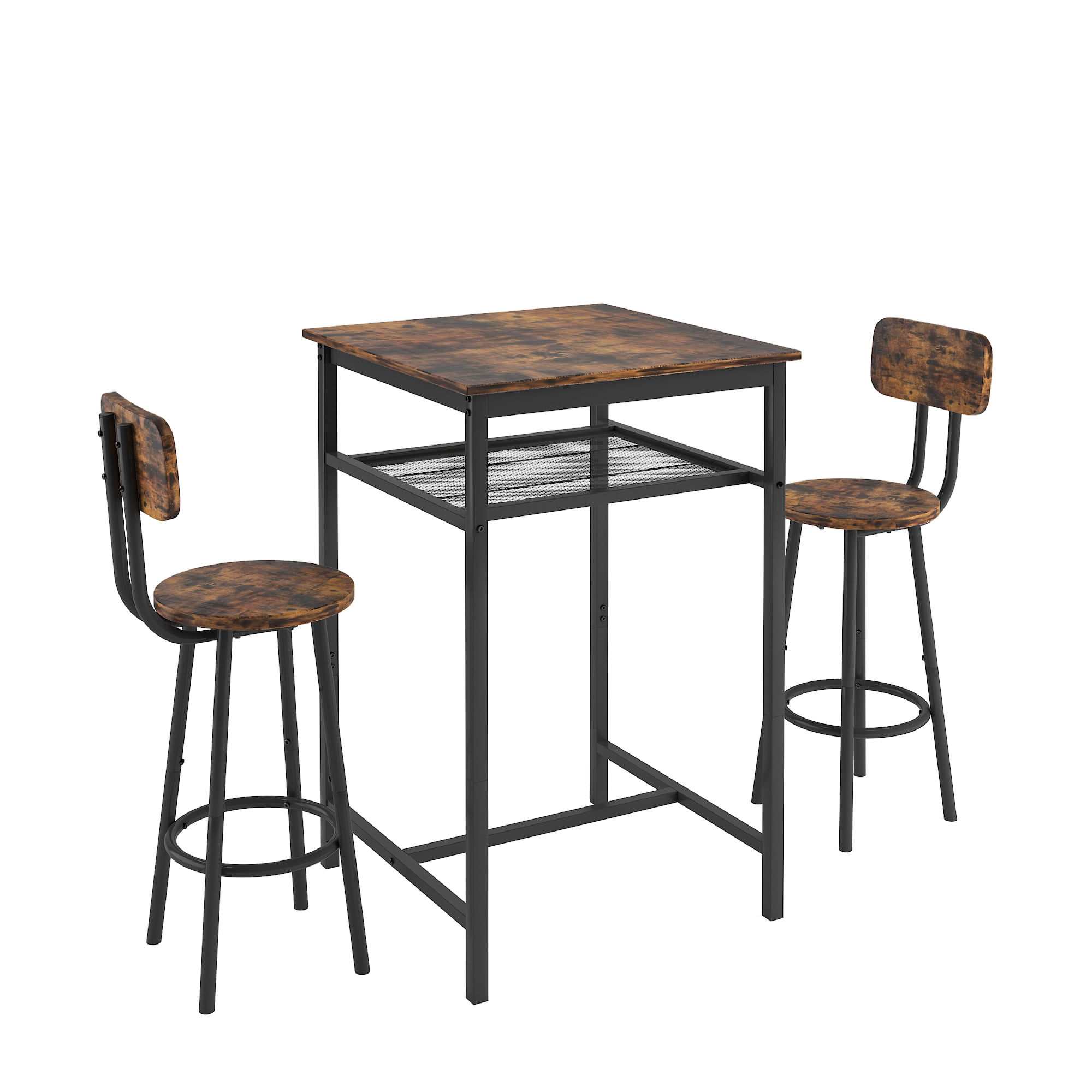 Paproos 3 Piece Bar Table Set, 2Tier Square Pub Bistro Table and Stools with Backrest, Kitchen