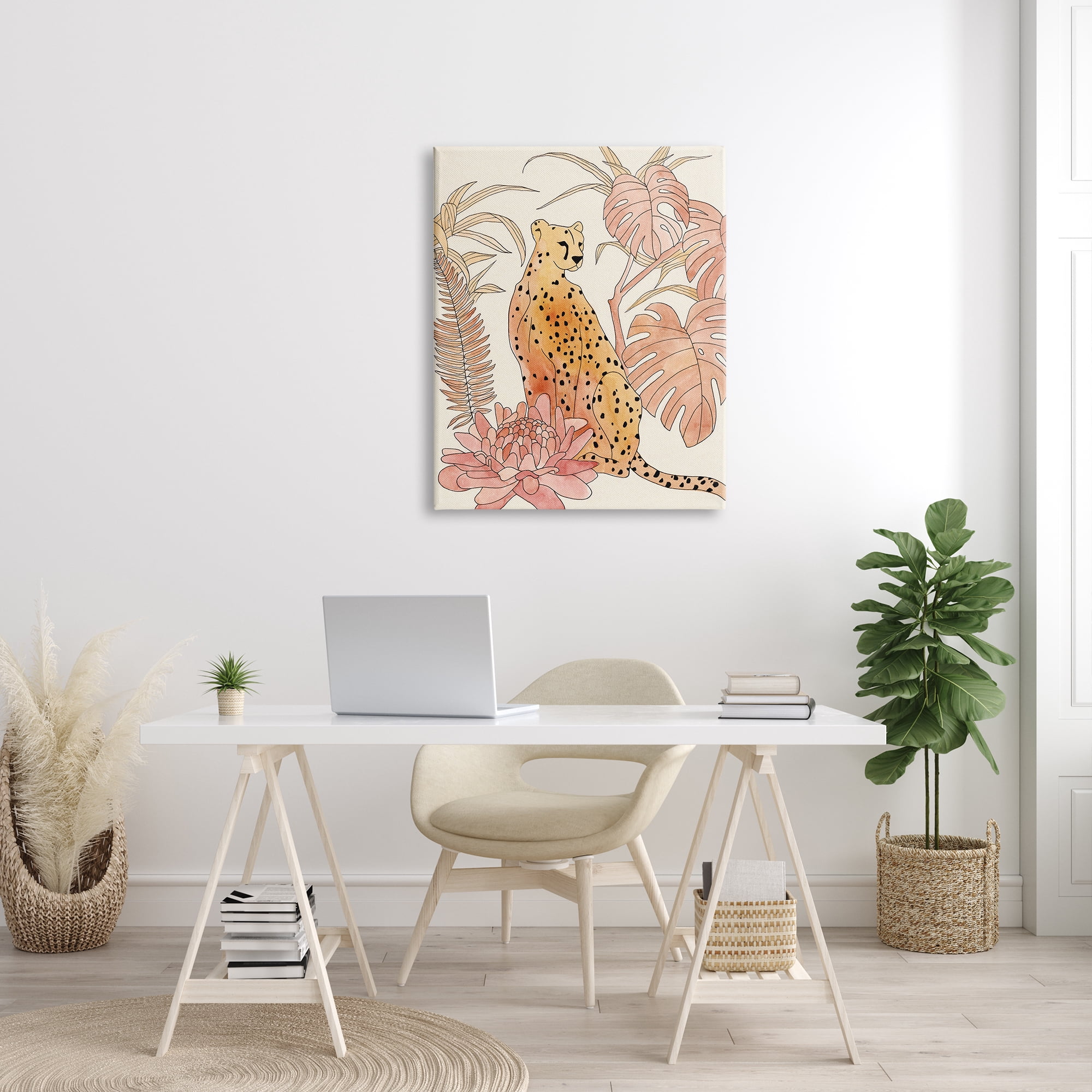 Stupell Industries Poised Cheetah Tropical Blush Monstera Fern Forest Animals & Insects Painting Gallery Wrapped Canvas Print Wall Art, 30 x 40