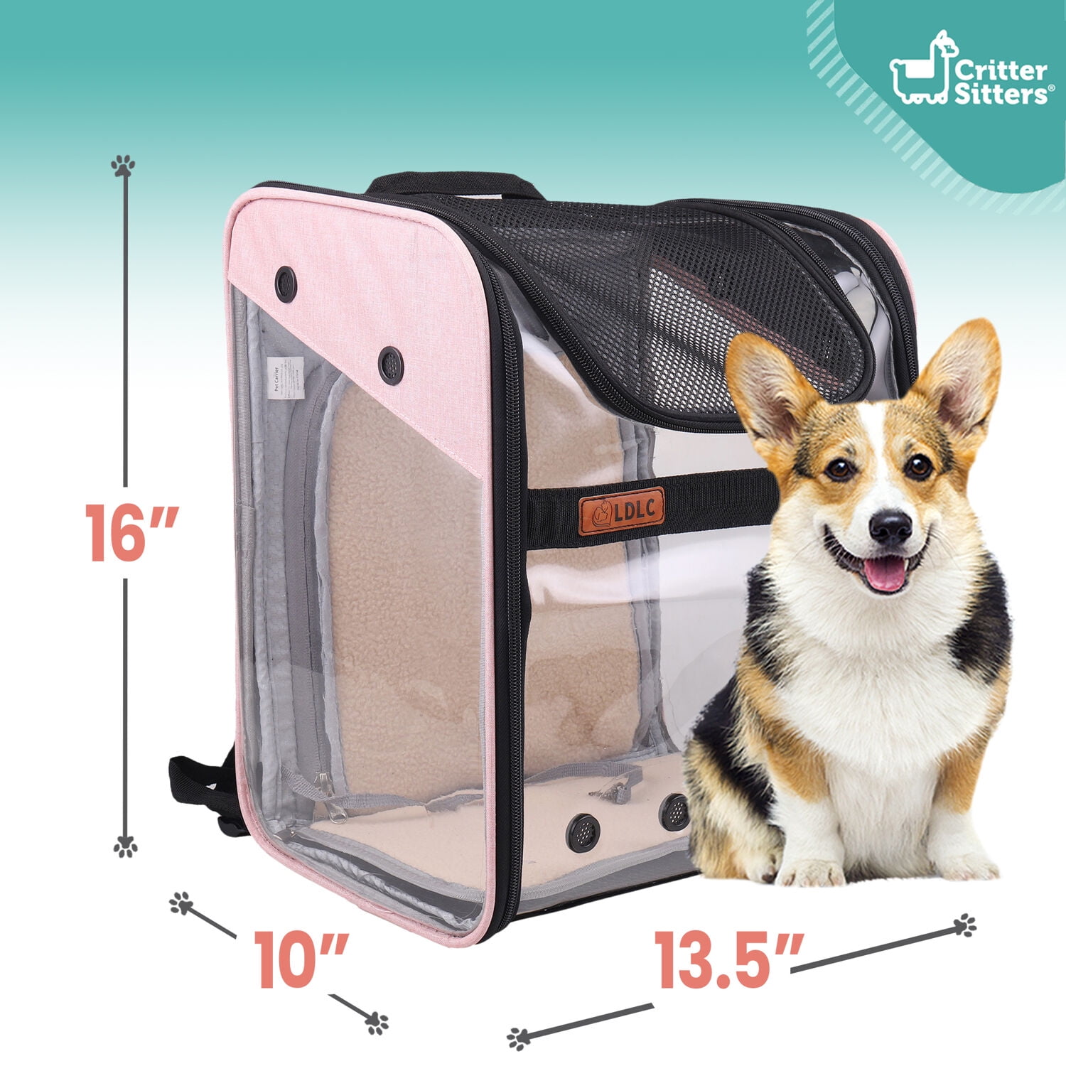 Critter Sitters Light Pink See-Through Pet Backpack for Small Dogs, Cats with Scratch Resistant Breathable Mesh Window | Airline Carry-On Approved | Safety Leash | Durable Transporation for Animals