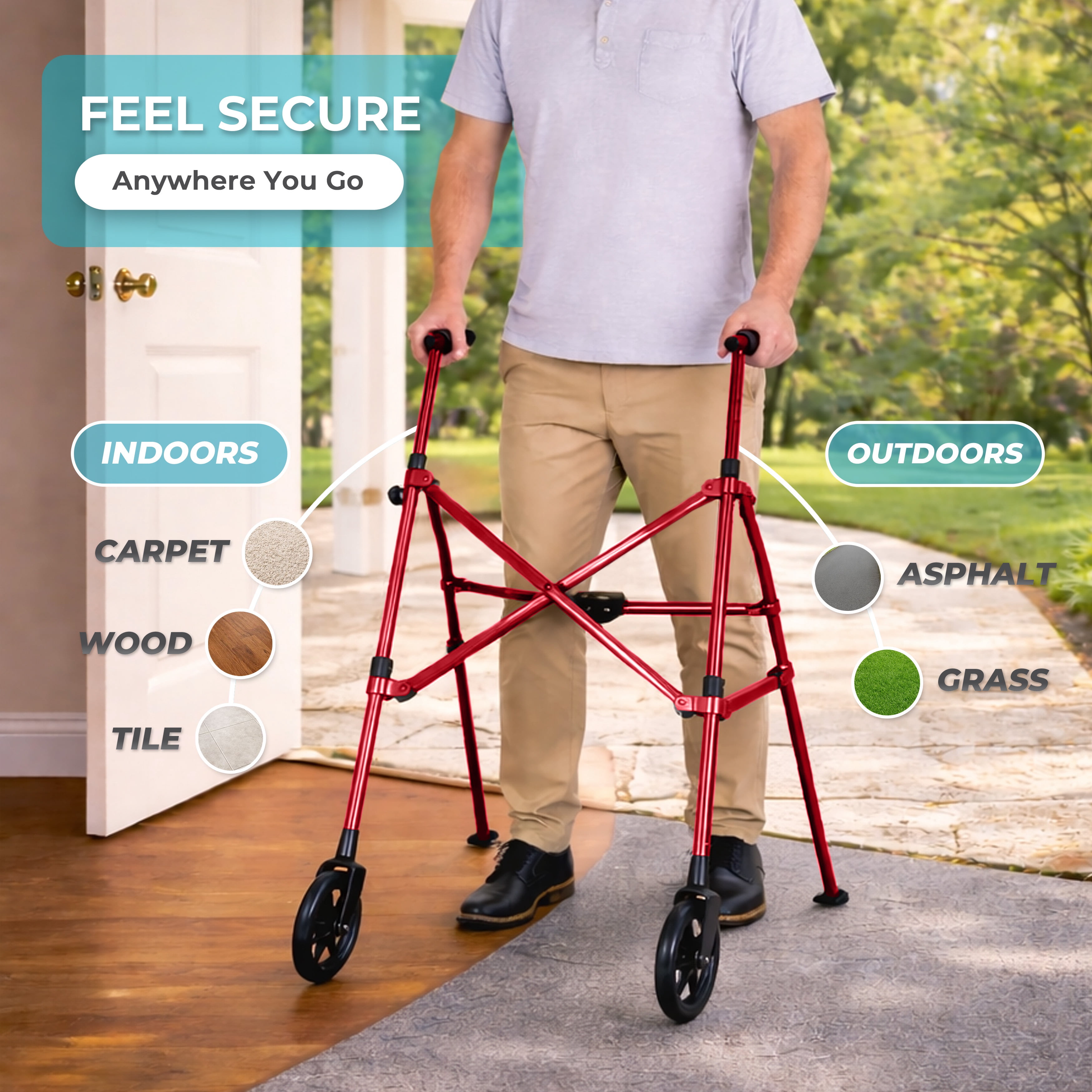 Stander Space Saver Walker, Lightweight Folding Walker for Seniors, Adult Walker with Wheels, Two Wheeled Rolling Walker with Rear Ski Glides, Sport Red