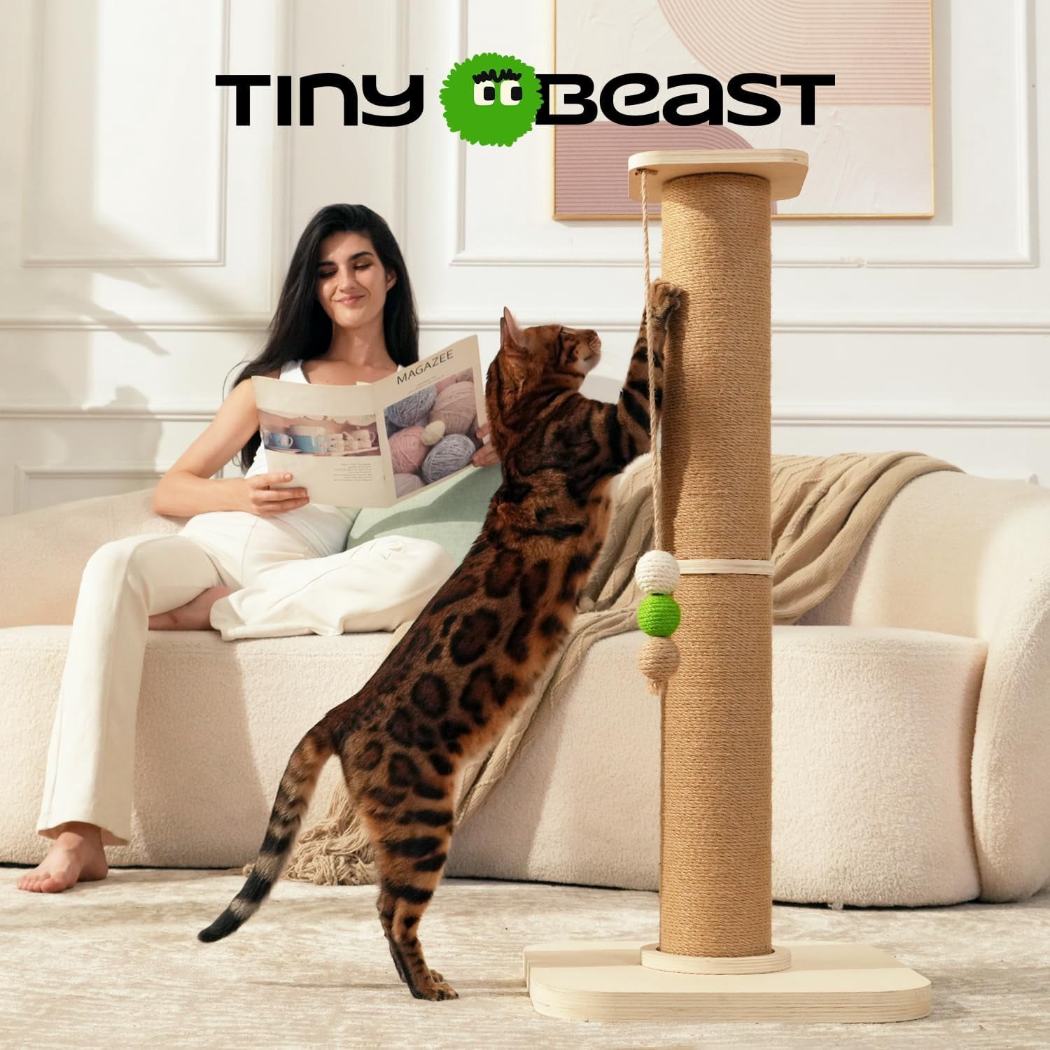 Wooden  Scratching Post, Sturdy 35 Tall Natural Sisal  Scratcher with Thick Solid Wood Base for Adult Cats Indoor