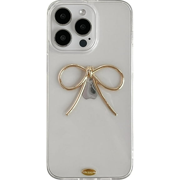 Simple 3D Bow Clear Soft Phone Case Compatible with iPhone Case (Gold,iPhone 13)