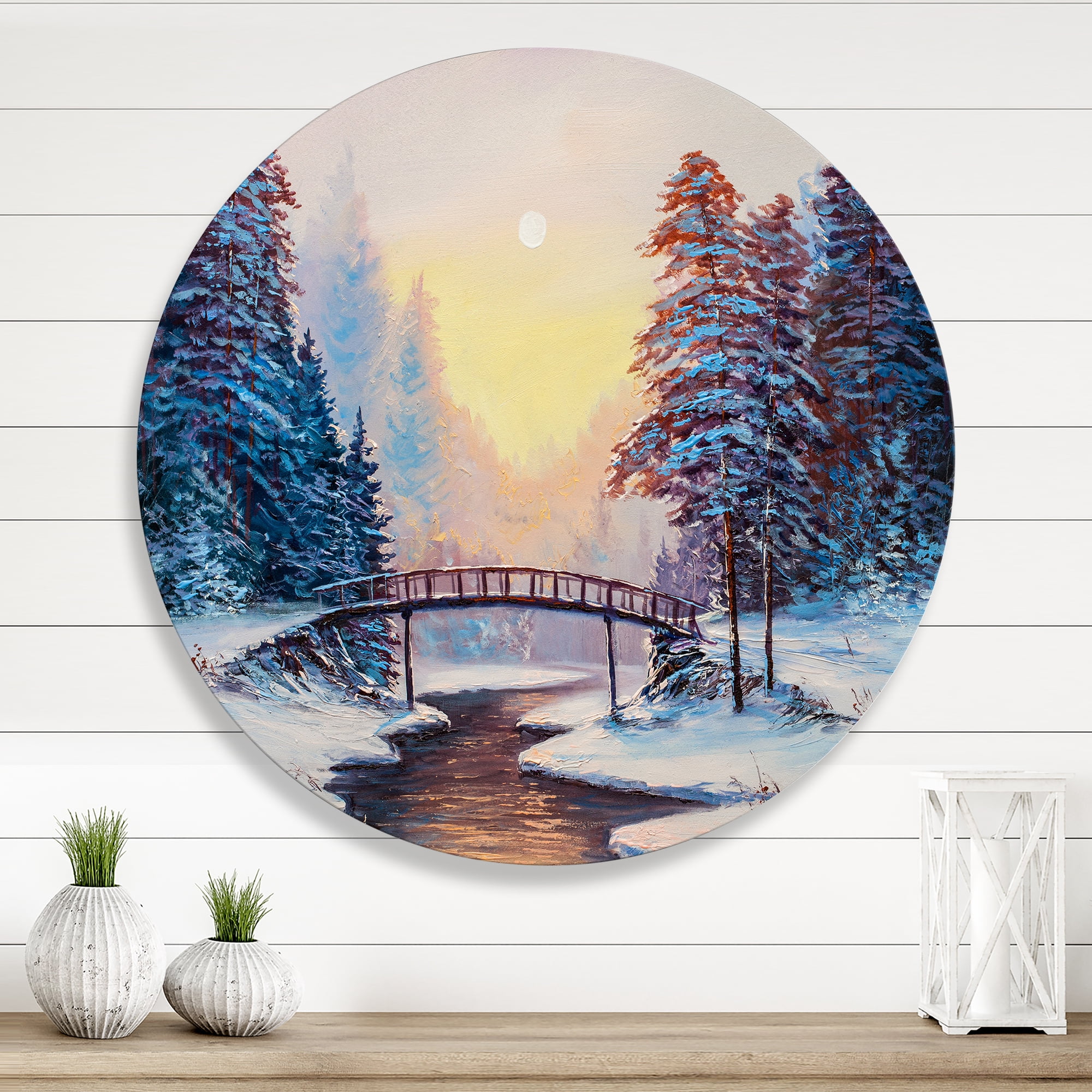 Designart 'Snow Covered Landscape and Little Bridge' Traditional Circle Metal Wall Art 11x11 - Disc of 11