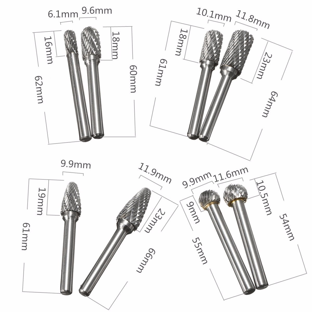 1//4” 4-pc LONG CARBIDE BURR SET– die grinder burrs double cut metal grinding
