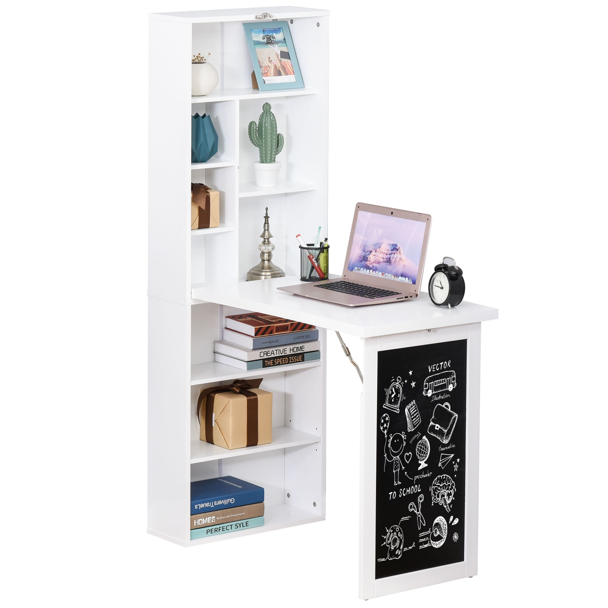 Convertible Folding Desk with Blackboard and Side Shelf, White