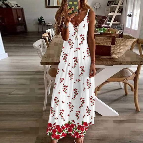 yievot Women's Maxi Dresses Summer Fashion Printed V-Neck Sleeveless Suspenders Sling Long Dress