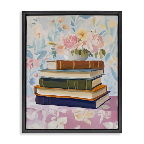 Stupell Industries Cottage Vintage Books & Florals Black Floating Frame Canvas Art, 17 x 21, by The Prints Vibe