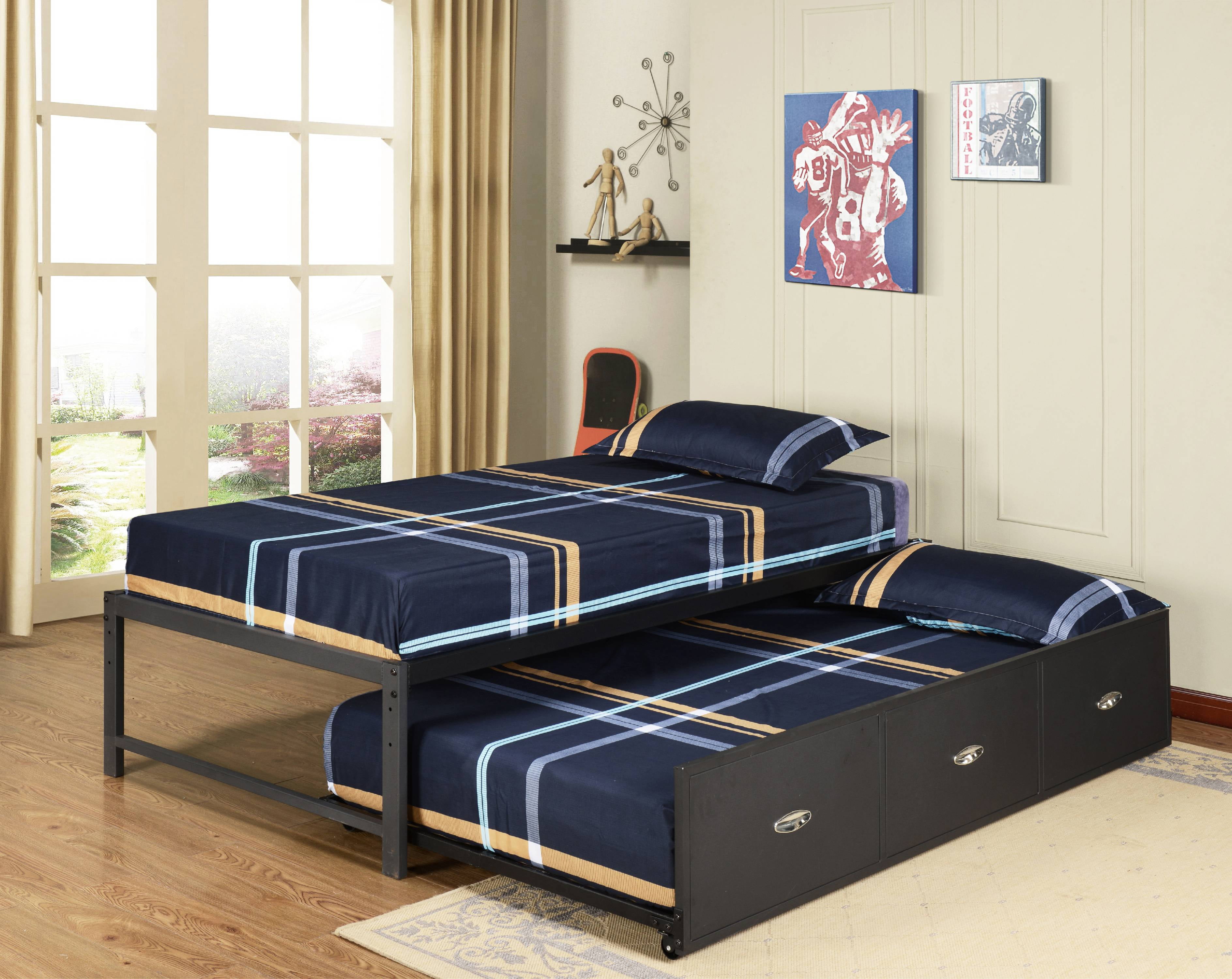 39" Twin Size Black Metal Day Bed Frame With Drawer RollOut Trundle