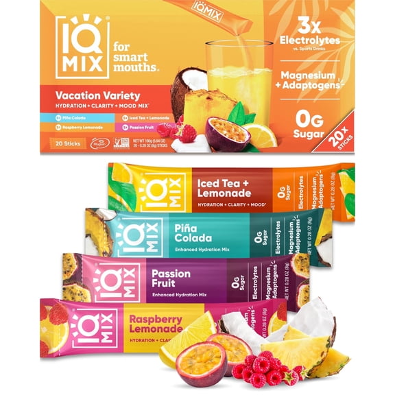 IQMIX Sugar Free Electrolytes Powder Packets - Hydration Supplement Drink Mix with Keto Electrolytes, Lions Mane, Magnesium L-Threonate, and Potassium Citrate - New Vacation Variety Pack (20 Count)