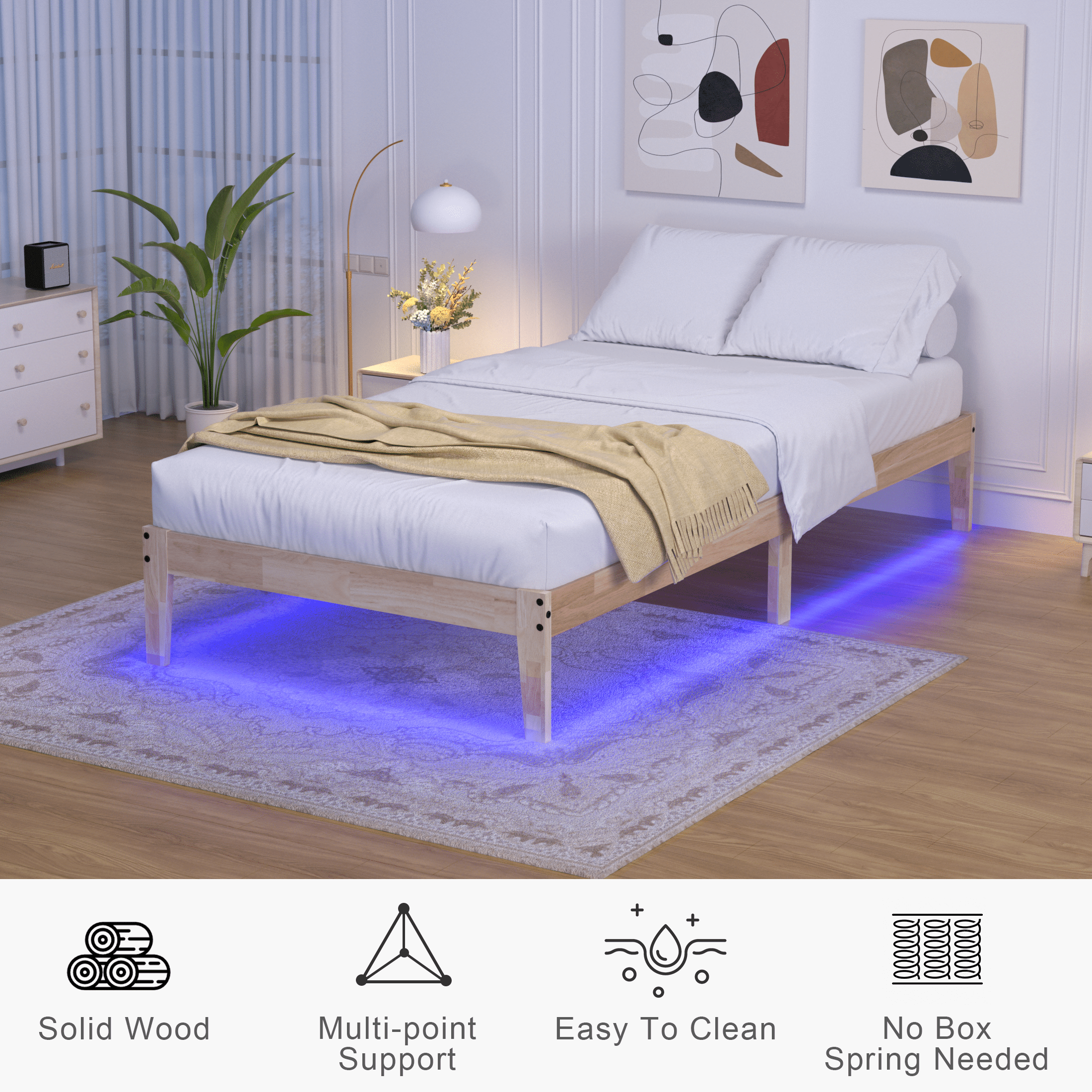 Twin Wood Bed Frame with Led Light, Wood Platform Bed Frame Twin Size with 8.7" Under-Bed Storage, Noise-Free, Easy Assembly, 12"