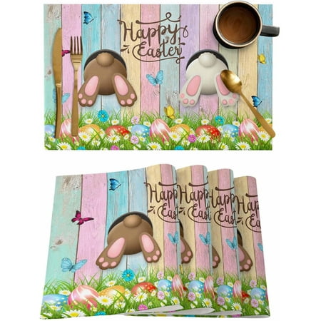 

Happy Easter Placemats Set of 4 Cotton Linen Table Mats Non-Slip Washable Watercolor Woodgrain Placemat for Holiday Party Dining Easter Eggs Kitchen Table Decor